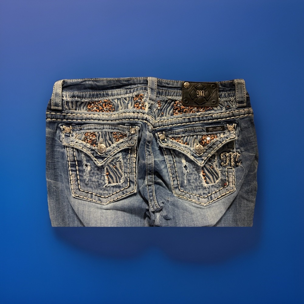 Miss Me Jeans Womens 29 Bootcut Flare Leopard Sequin Embellished Medium Wash - Picture 6 of 12